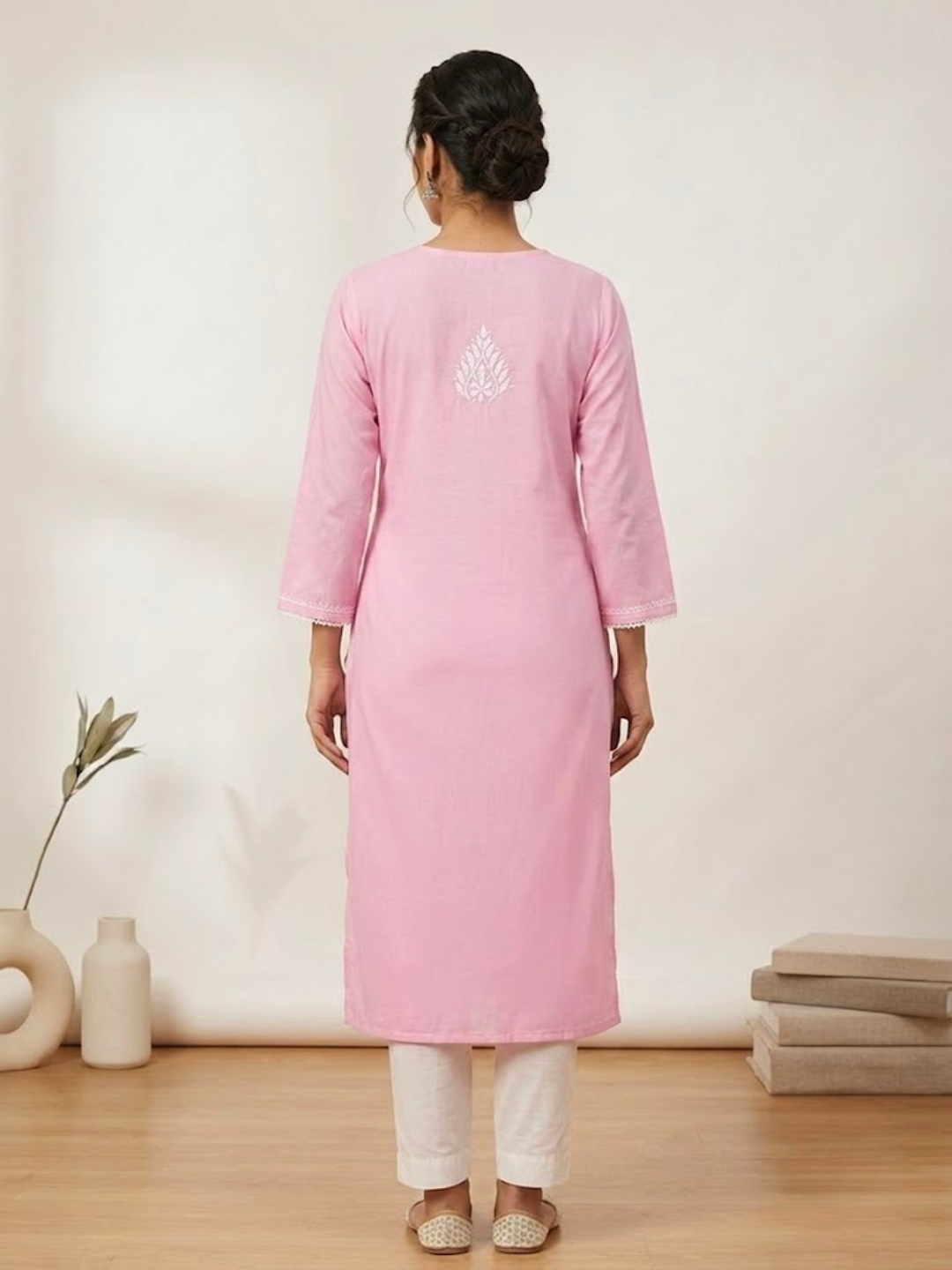 Pink Rayon Long Chikankari Kurti with White Hand Embroidery