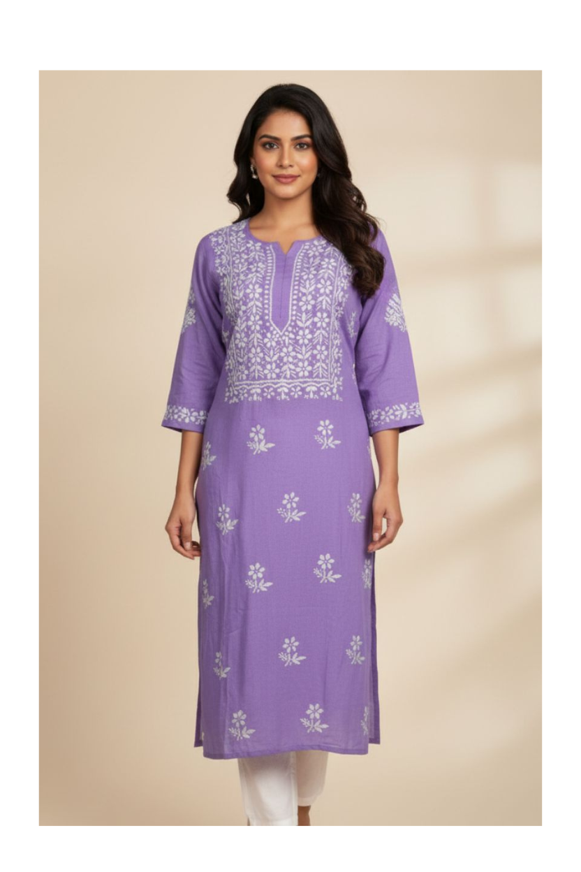 Lavender Rayon Long Chikankari Kurti with White Hand Embroidery
