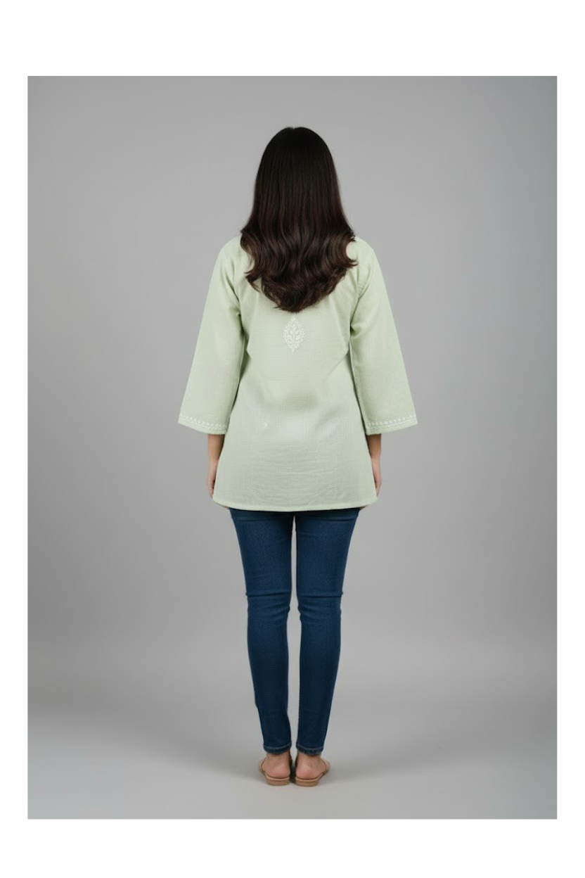 Pastel Sage Green Linen Cotton Chikankari Top