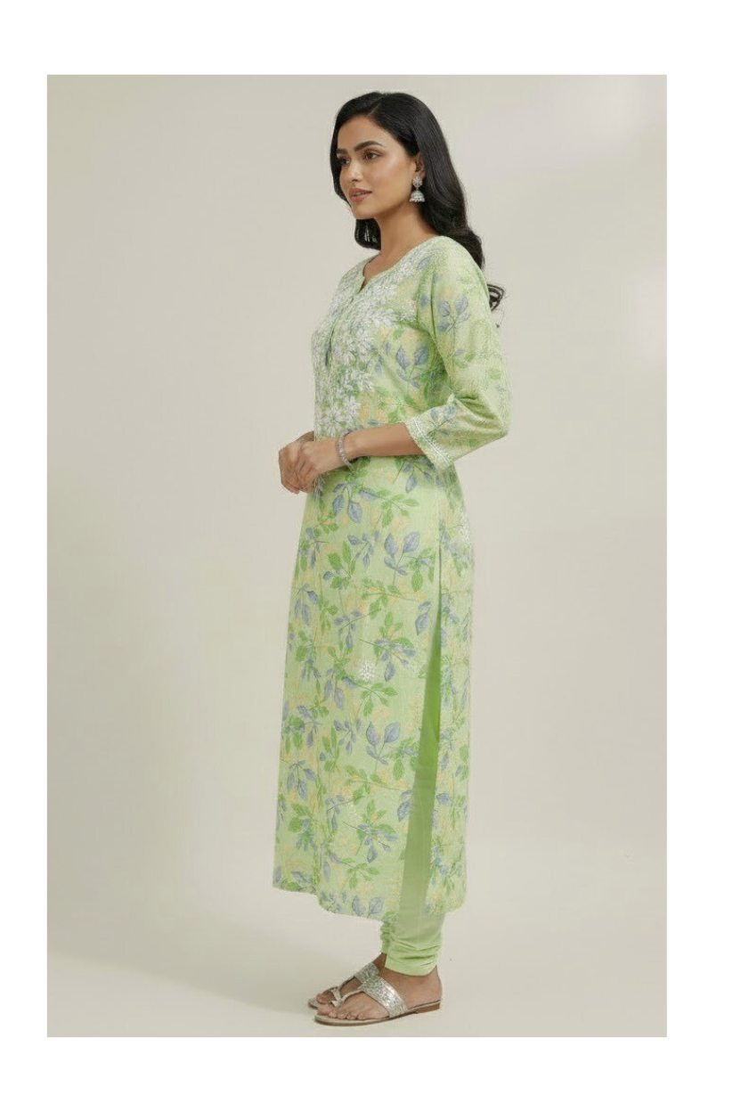 Pastel green cotton kurti with white floral thread embroidery and leaf print