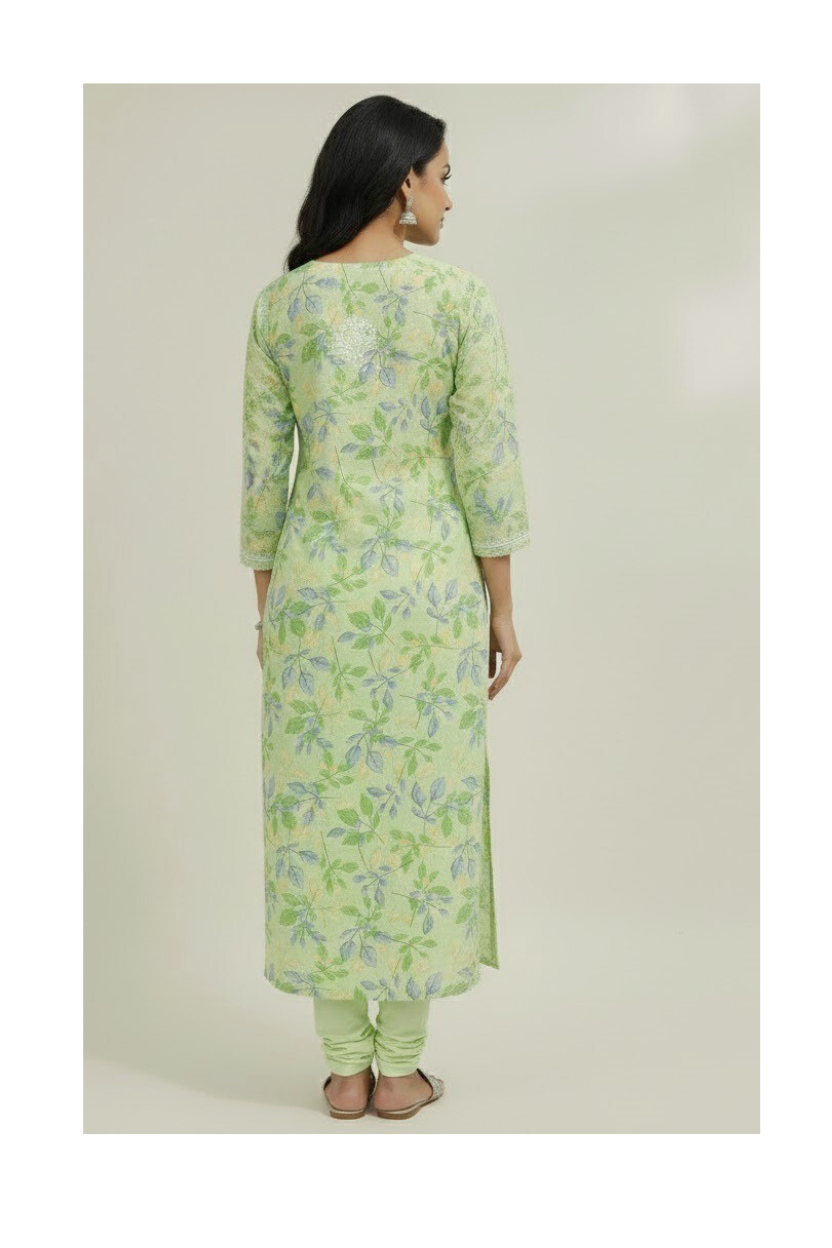 Pastel green cotton kurti with white floral thread embroidery and leaf print