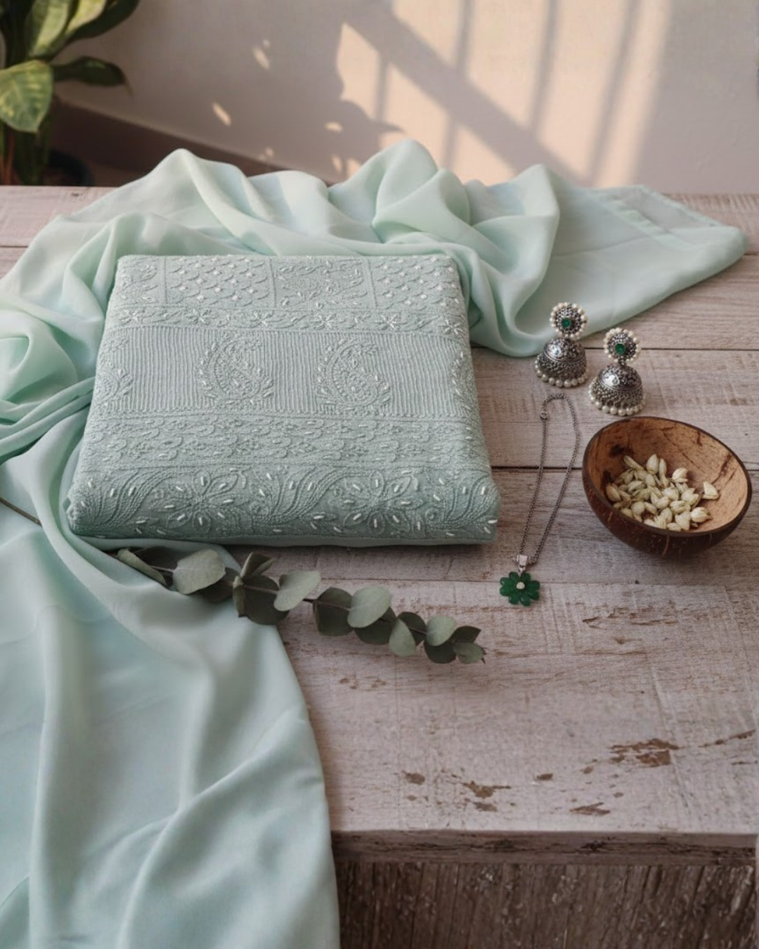 Pastel Mint Green Viscose Chikankari Embroidered Suit Set with Viscose Dupatta