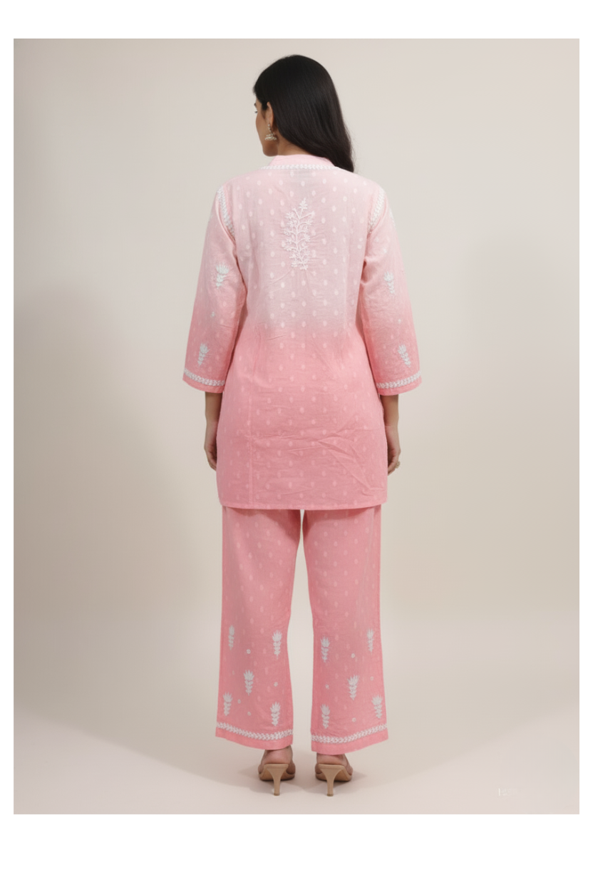 Peach Cotton Chikankari Co-ord Set