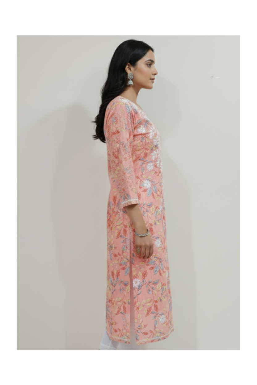 Peach Cotton Lucknowi Chikankari Kurti – All Over Floral Embroidery