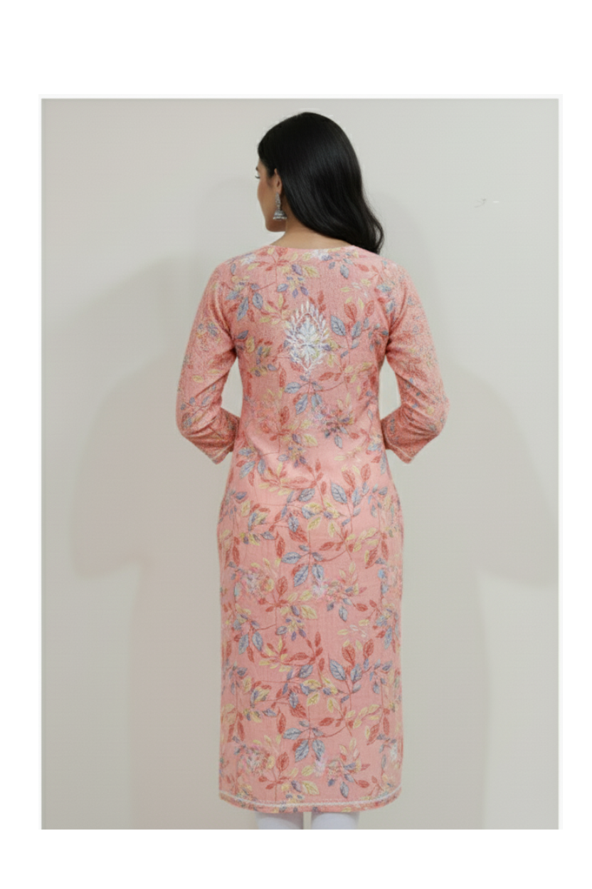 Peach Cotton Lucknowi Chikankari Kurti – All Over Floral Embroidery