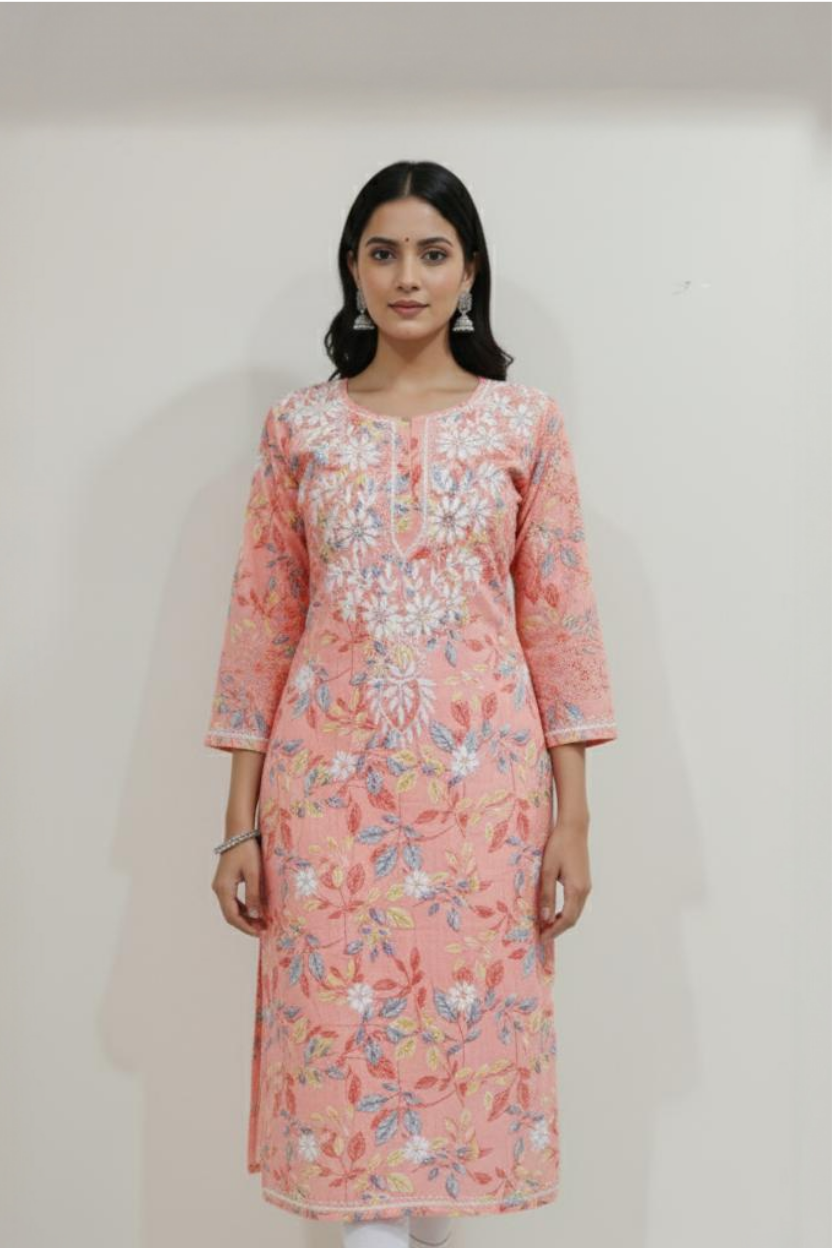 Peach Cotton Lucknowi Chikankari Kurti – All Over Floral Embroidery