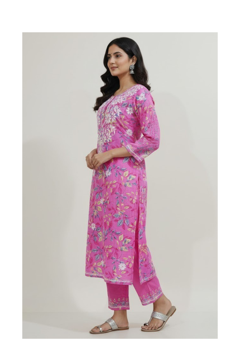 Pink Cotton Lucknowi Chikankari Kurti – Hand Embroidered Floral Work