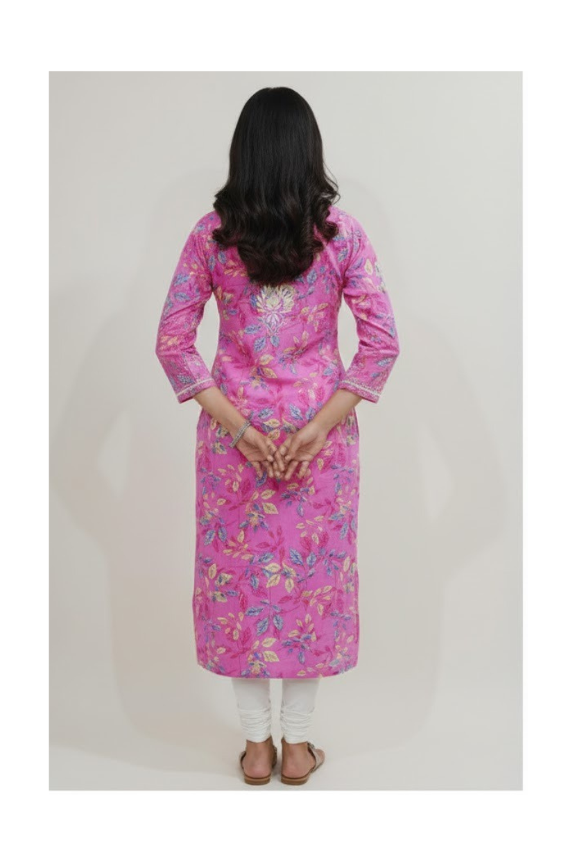 Pink Cotton Lucknowi Chikankari Kurti – Hand Embroidered Floral Work