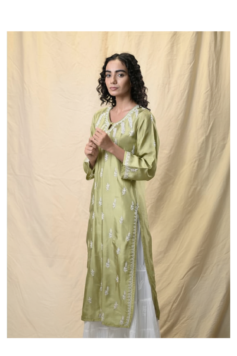 Pista Green Hand-Embroidered Chikankari Silk Kurti