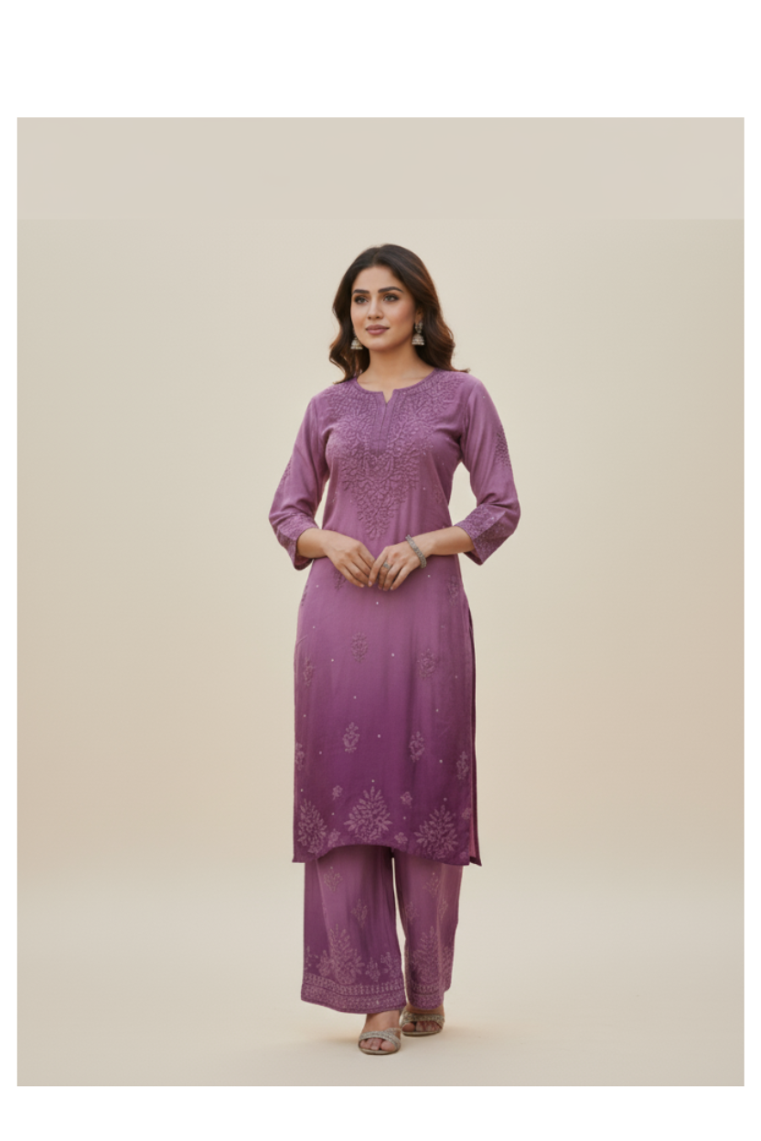 Plum Wine Muslin Plazzo Set with Hand Embroidery