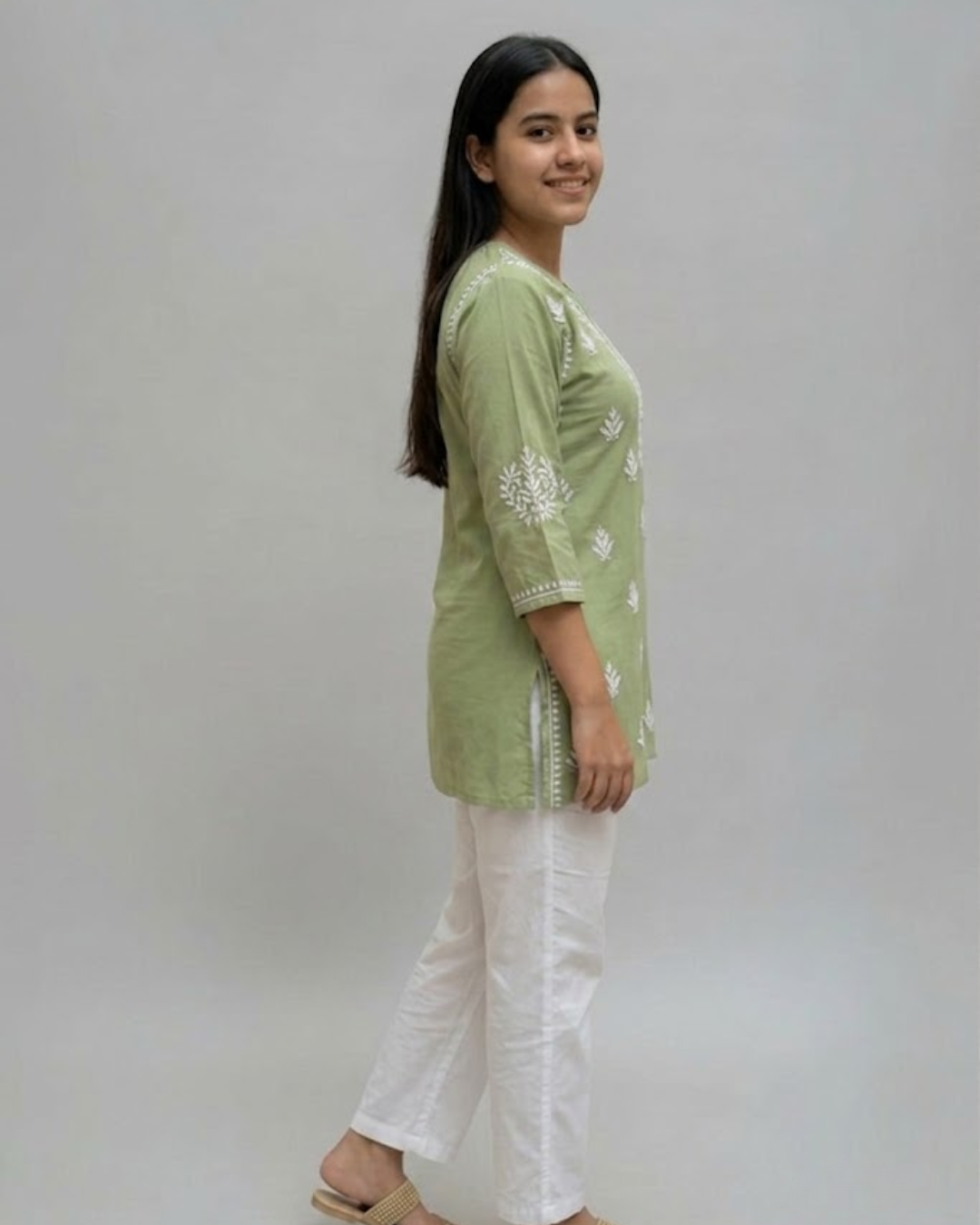 Sage Green Modal Chikankari Short Kurti / Top
