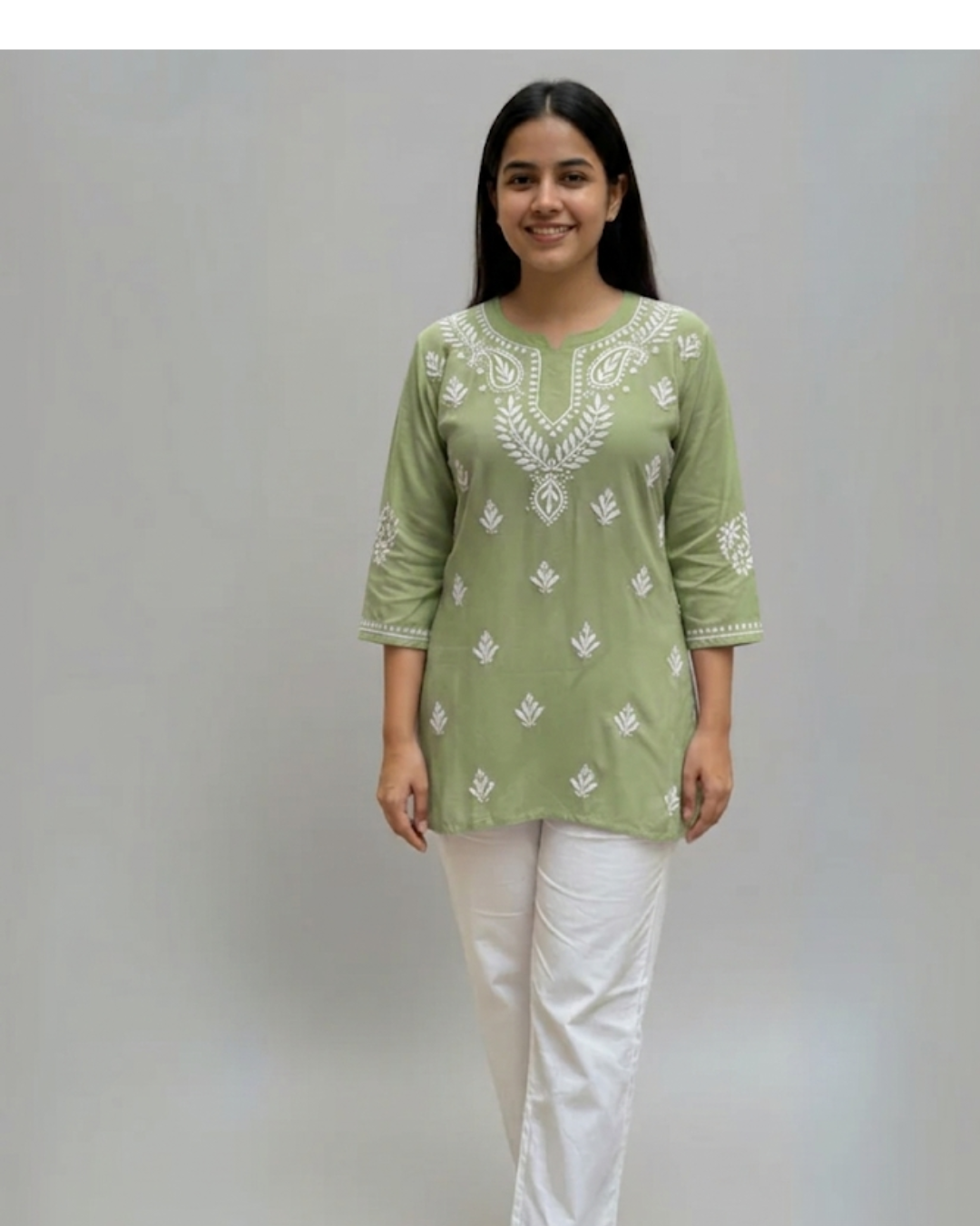 Sage Green Modal Chikankari Short Kurti / Top
