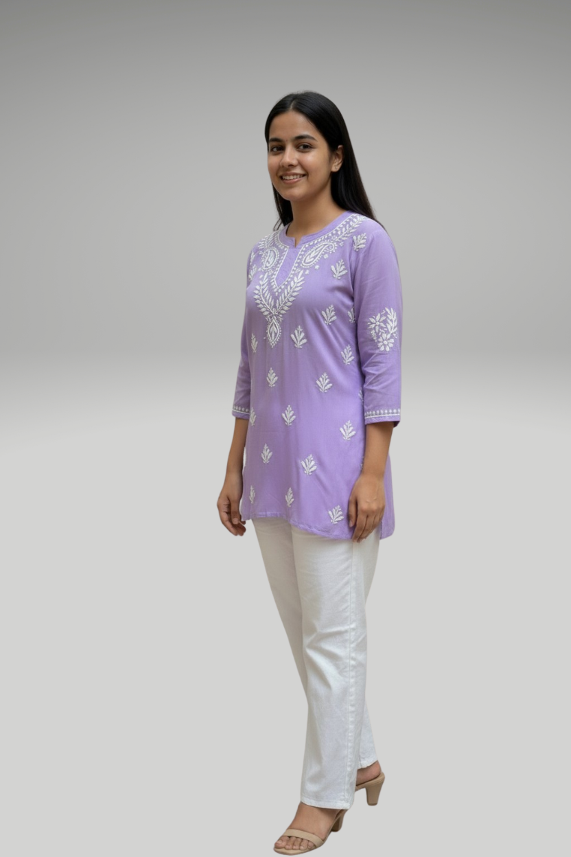 Lavender Modal Chikankari Short Kurti – Elegant Hand Embroidered Top