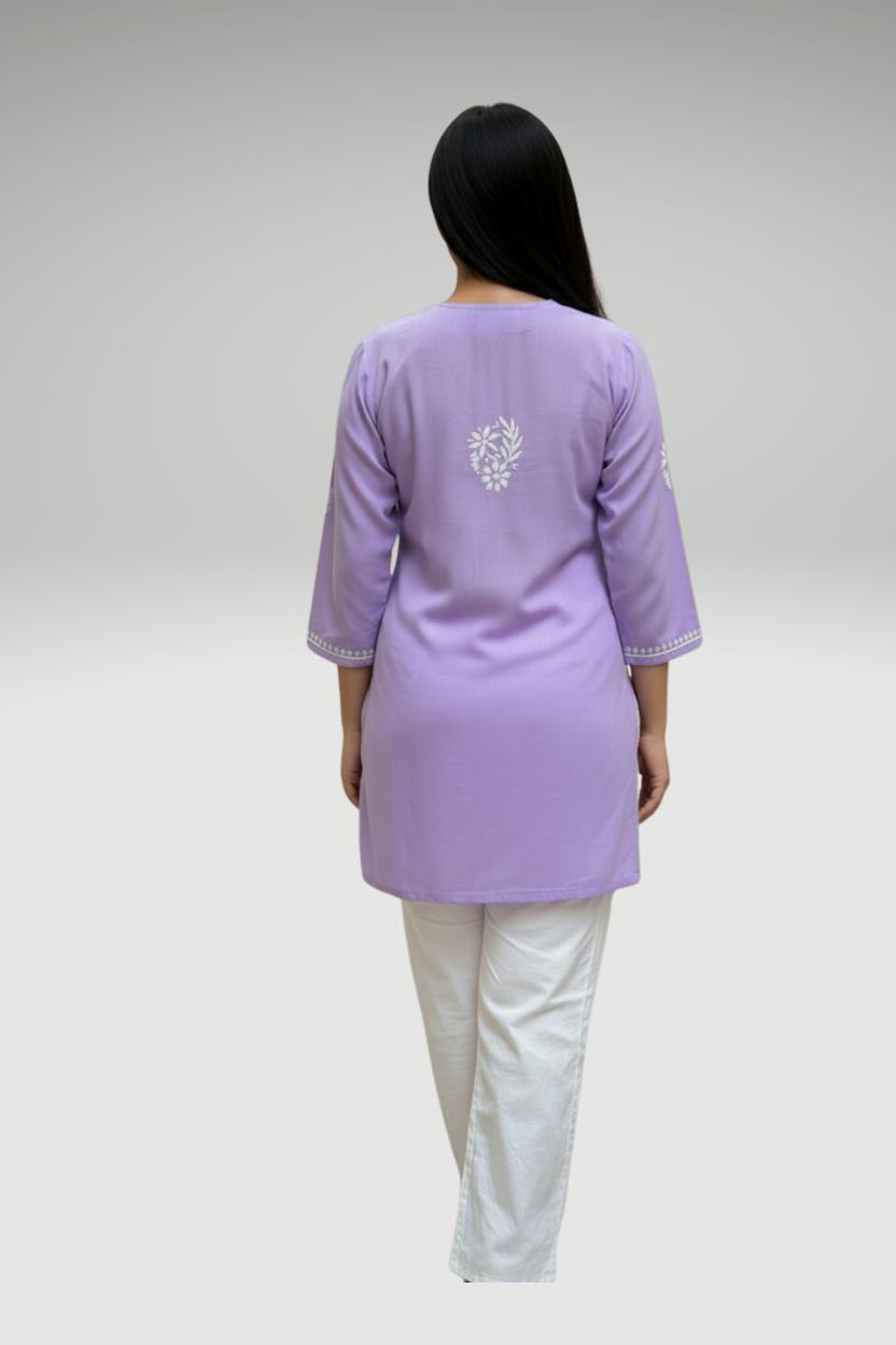 Lavender Modal Chikankari Short Kurti – Elegant Hand Embroidered Top