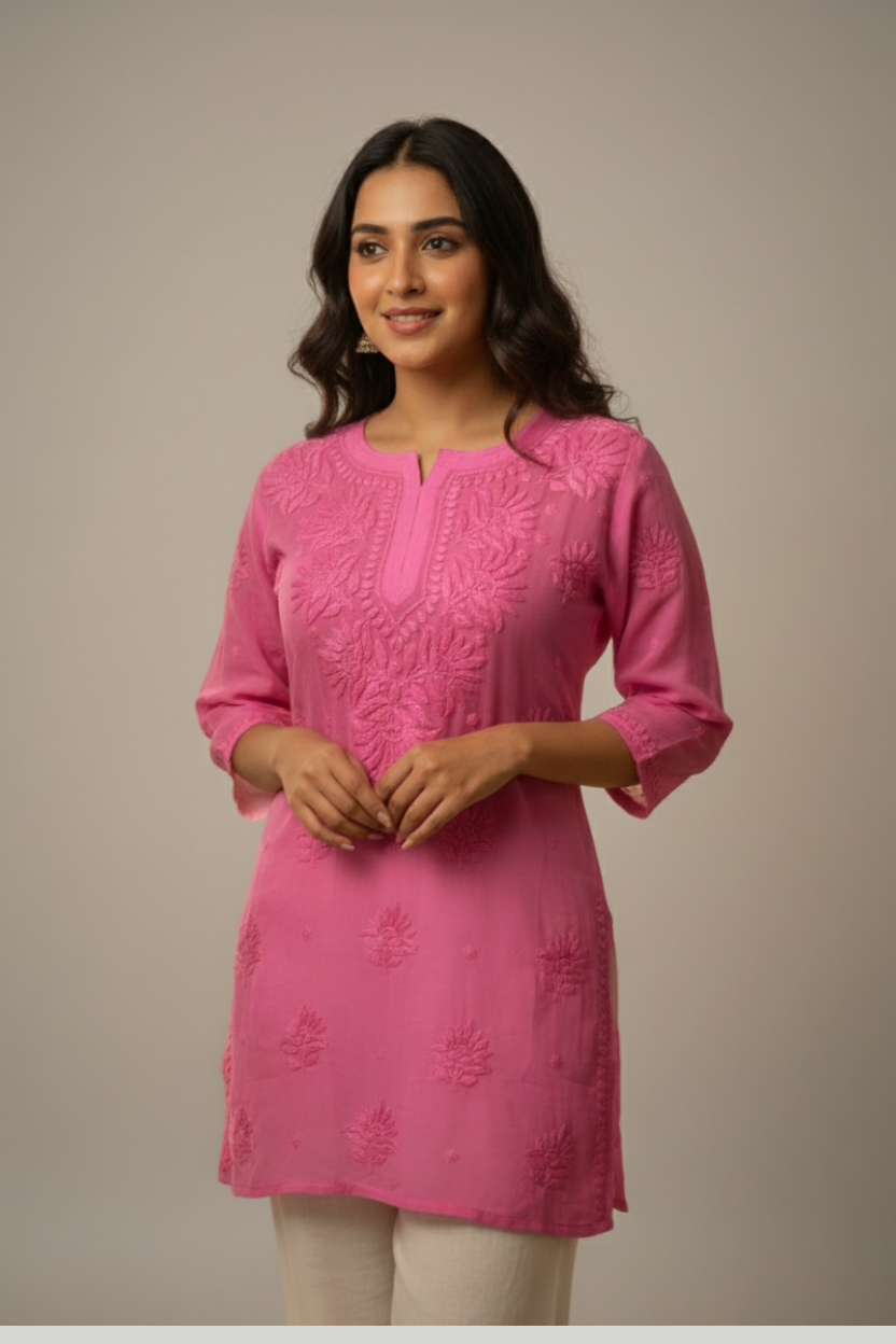 Magenta Viscose Chikankari Short Kurta with Tone-on-Tone Embroidery
