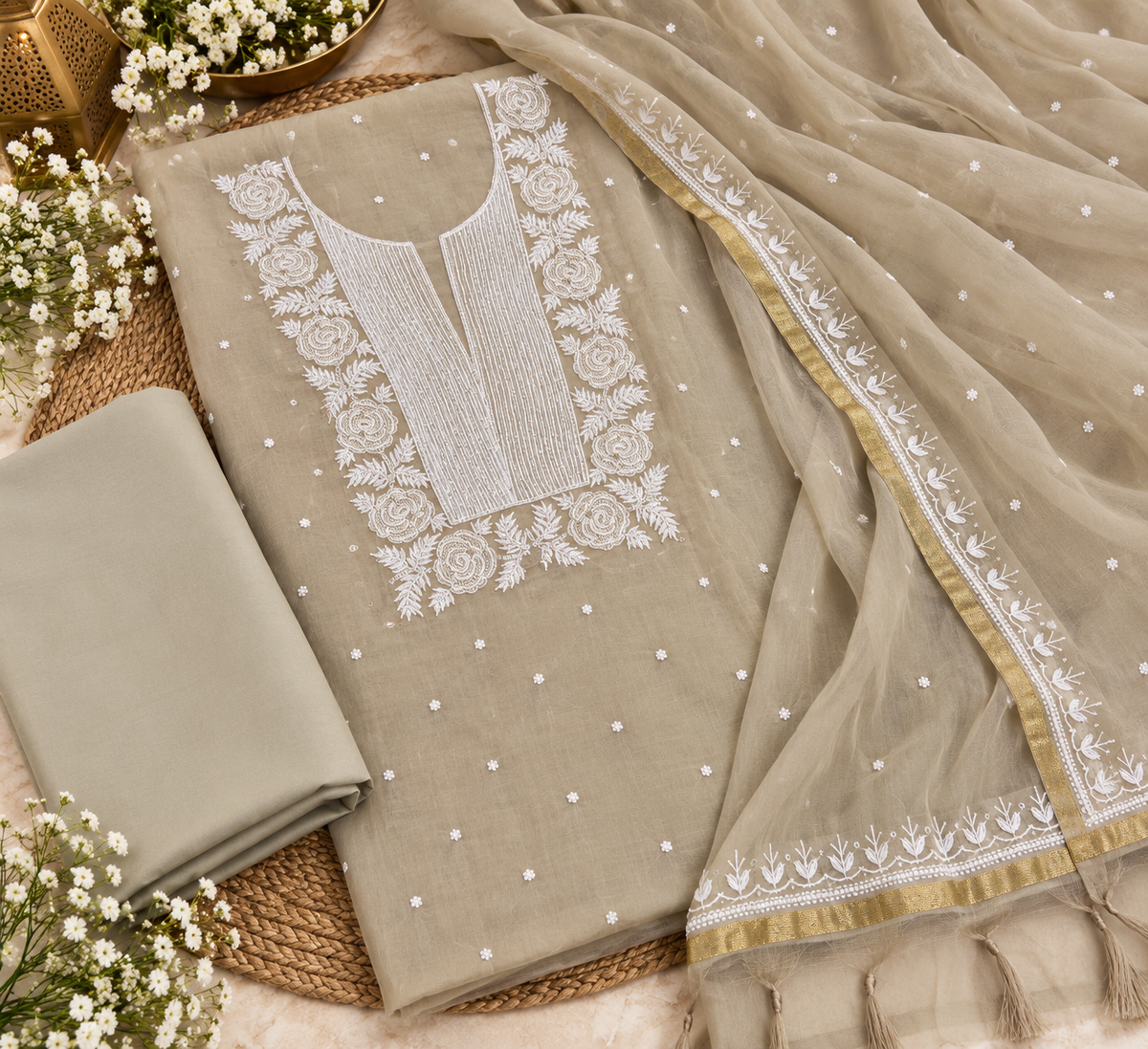 Beige Mul Chanderi Embroidered Unstitched Suit