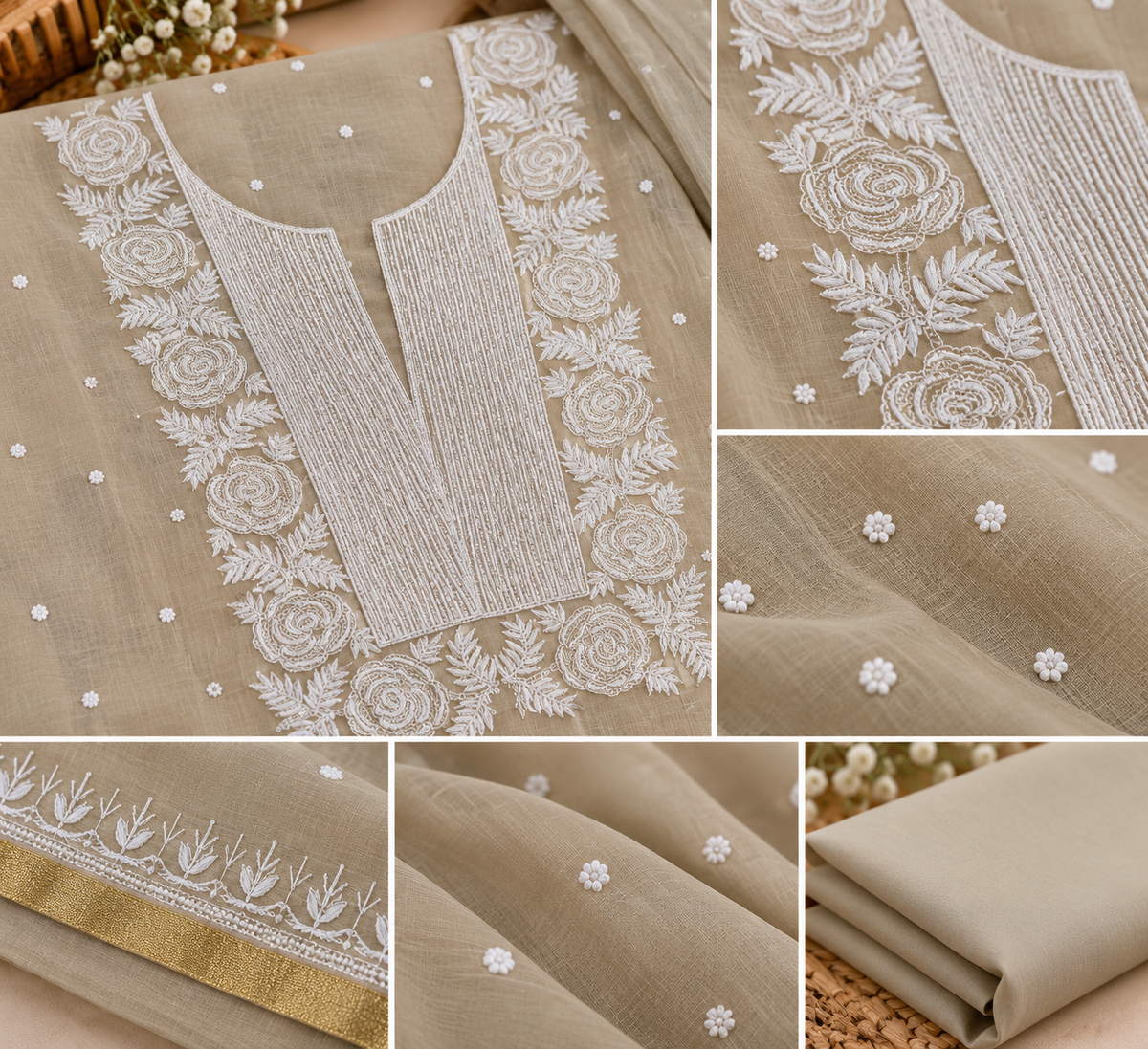 Beige Mul Chanderi Embroidered Unstitched Suit