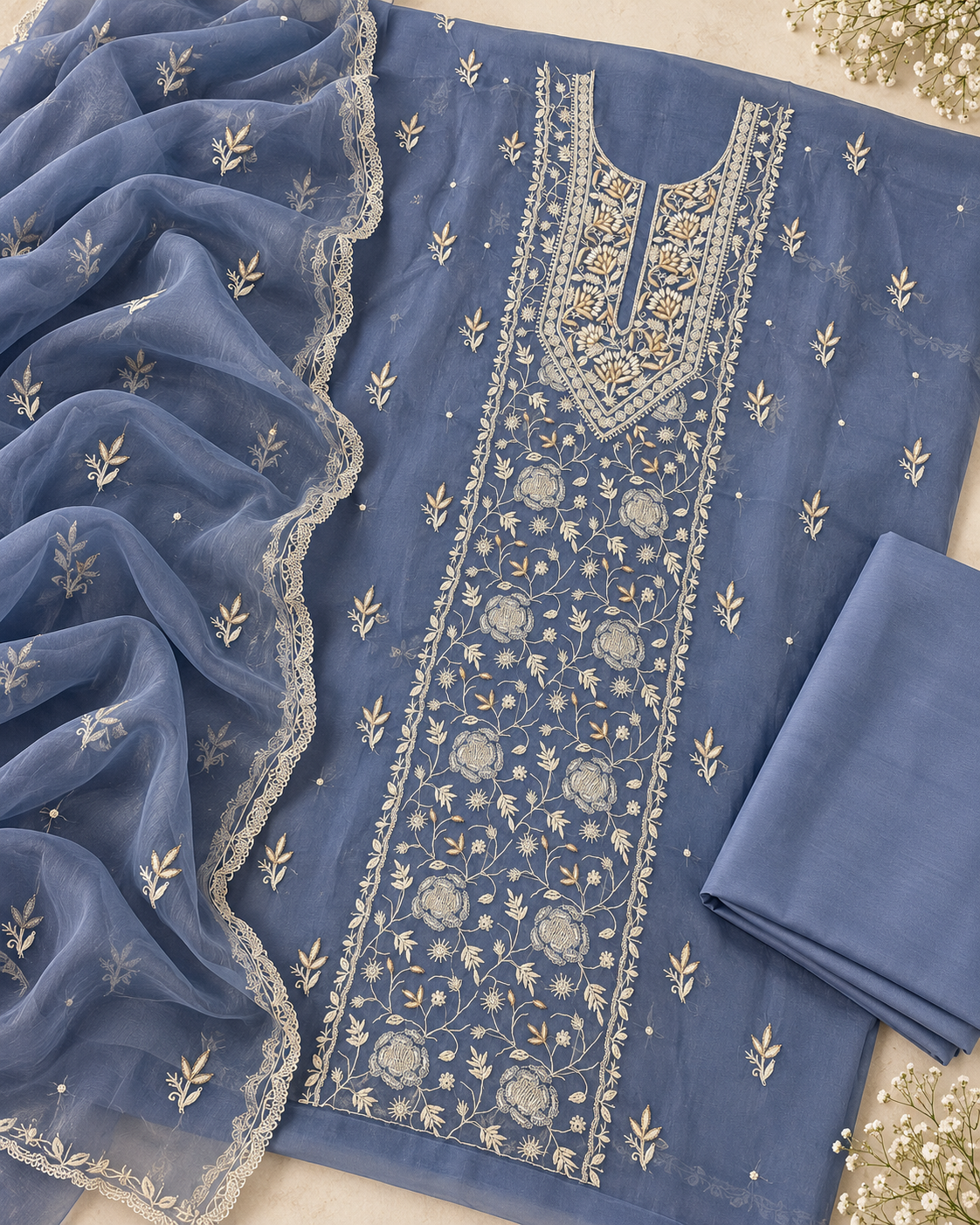 Blue Organza Embroidered Unstitched Suit