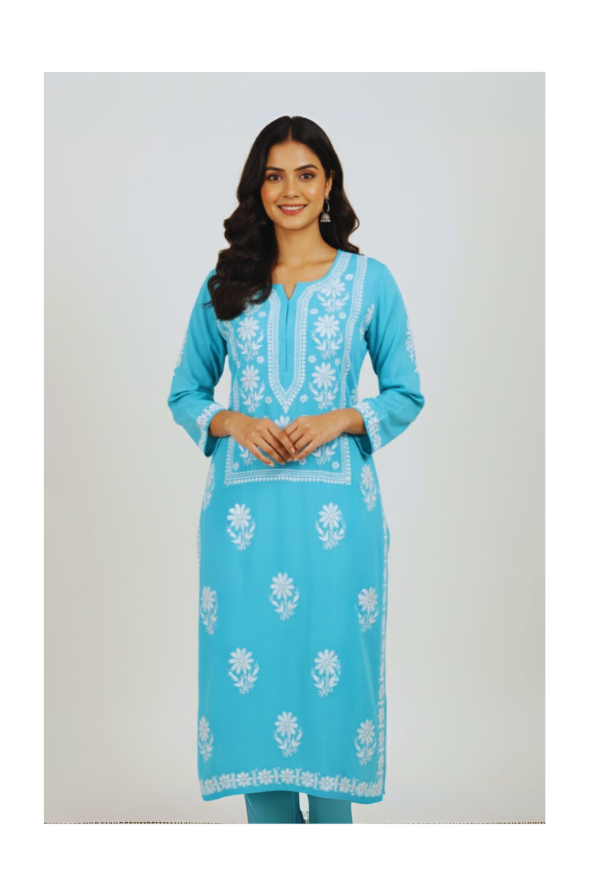 Sky Blue Modal Long Chikankari Kurti with White Hand Embroidery