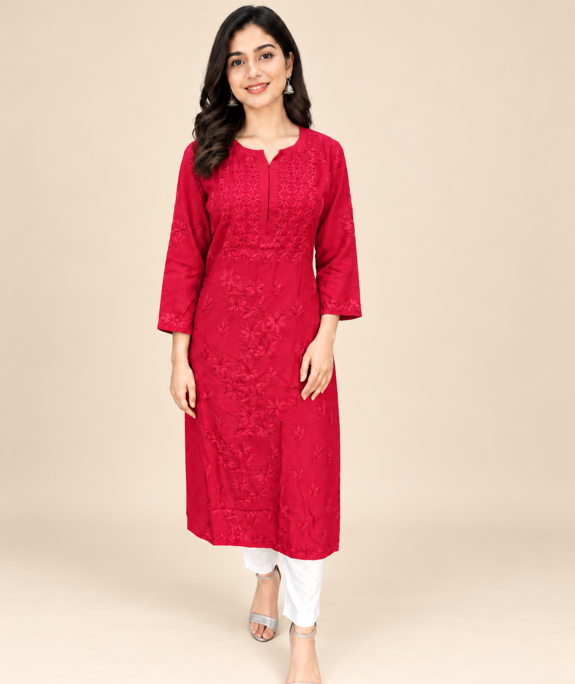 Cherry Red Muslin Chikankari Embroidered Long Kurti