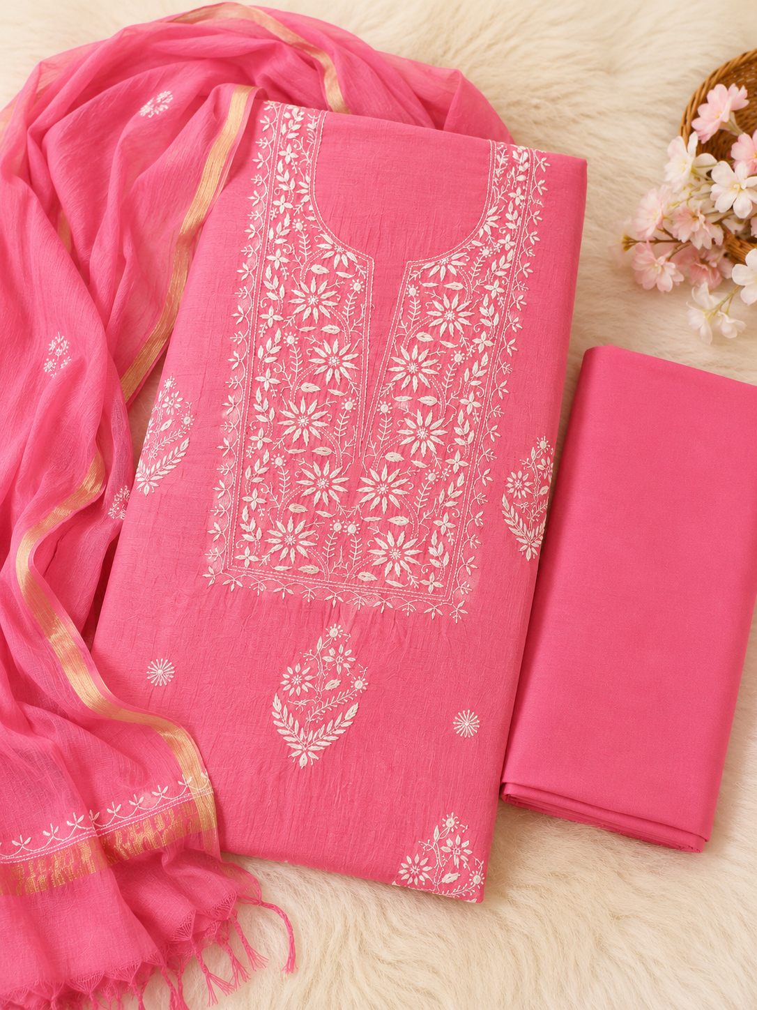 Jewel Pink Chikankari Unstitched 3-Piece Suit