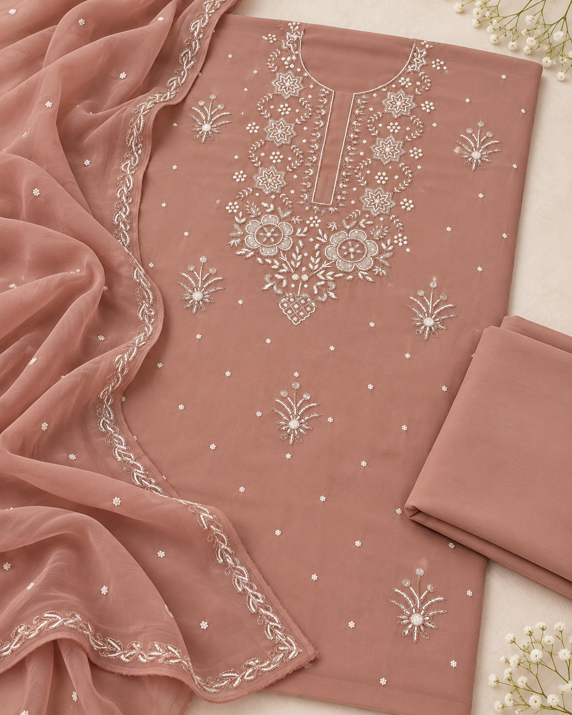 Dusty Rose Embroidered Unstitched Viscose Suit