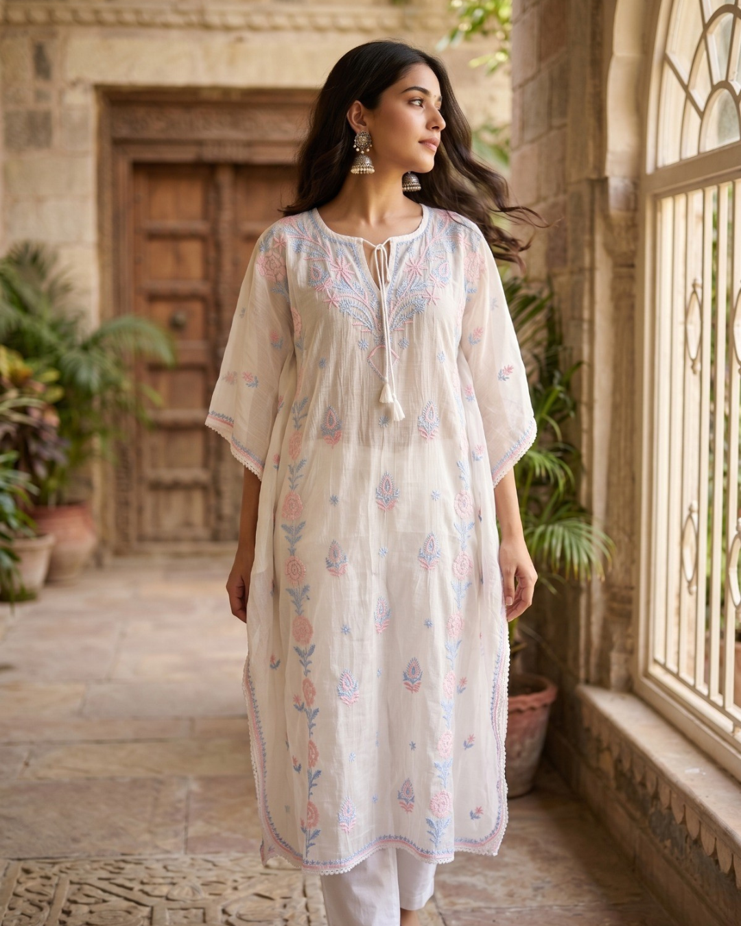 Ivory Pastel Hand-Embroidered Mul Chanderi Chikankari Kaftan