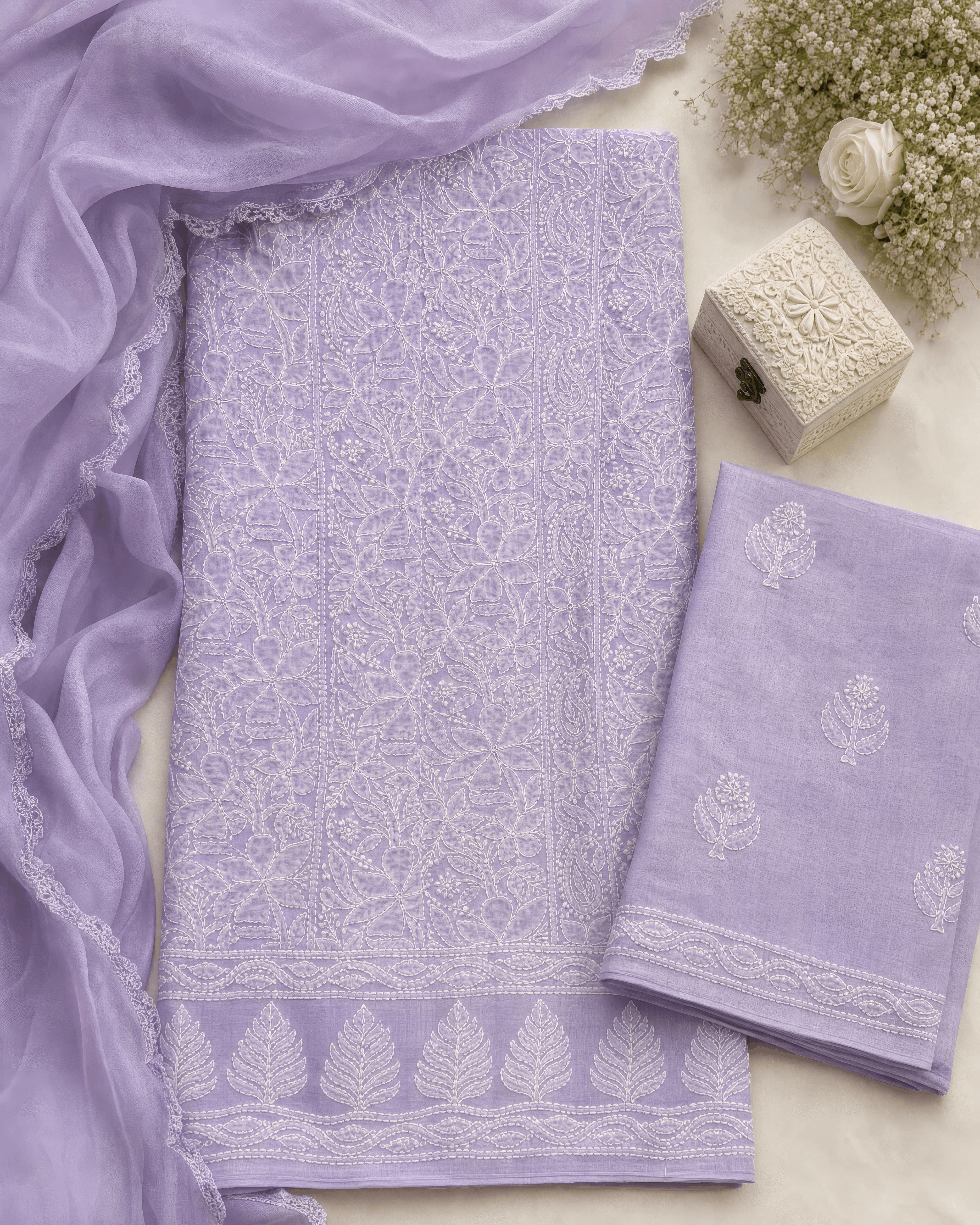 Lavender Mul Cotton Chikankari Unstitched 3-Piece Suit