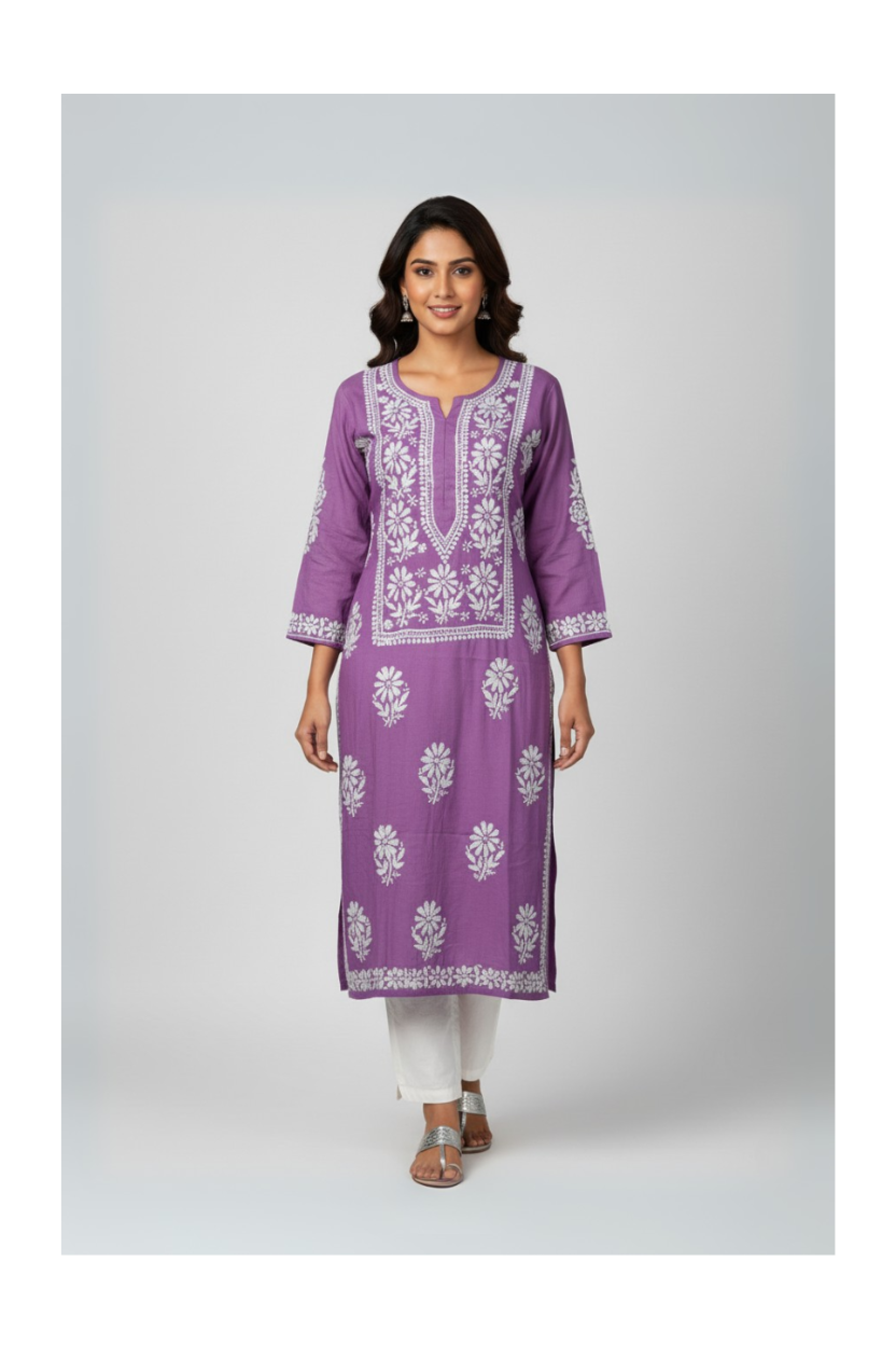 Lavender Modal Long Chikankari Kurti with White Hand Embroidery