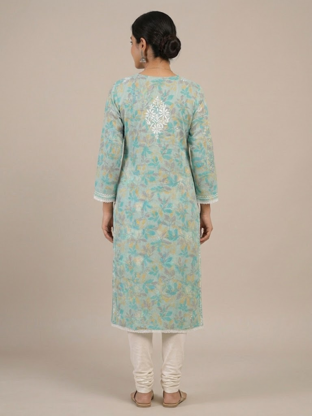Turquoise Cotton Lucknowi Chikankari Kurti – Hand Embroidered Floral Work