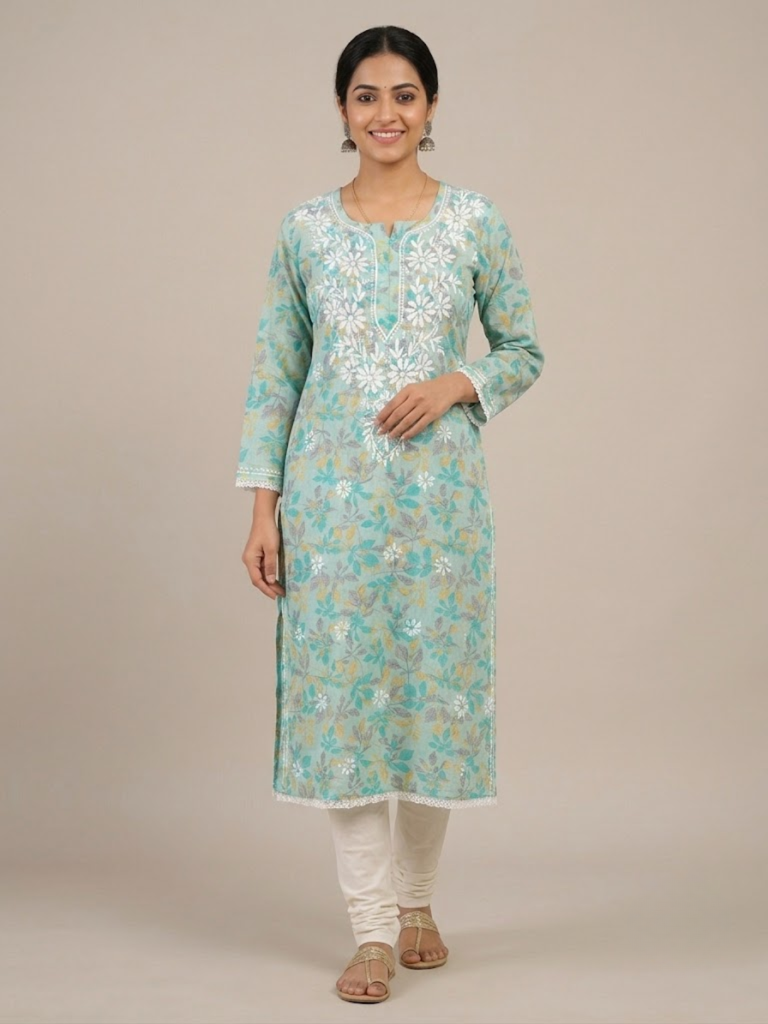 Turquoise Cotton Lucknowi Chikankari Kurti – Hand Embroidered Floral Work
