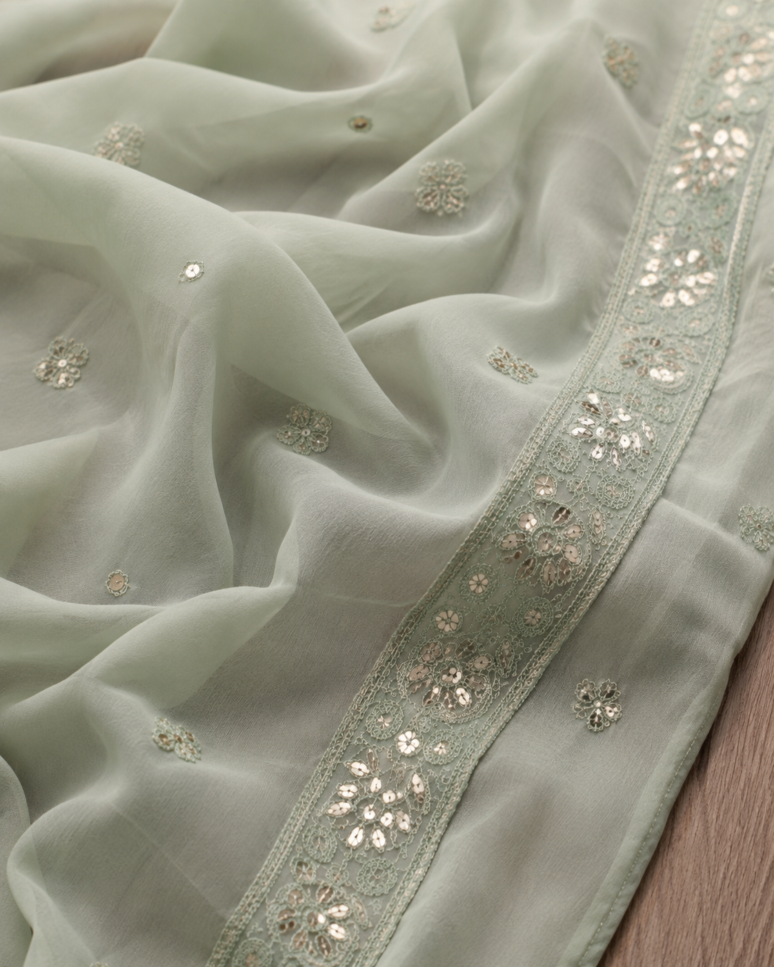 Mint Green Viscose Gotta Patti Embroidered Suit Set with Chiffon Dupatta