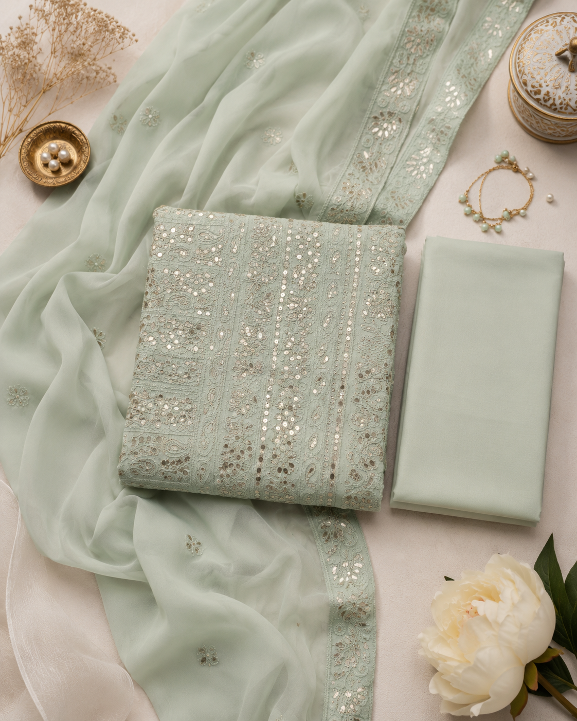 Mint Green Viscose Gotta Patti Embroidered Suit Set with Chiffon Dupatta
