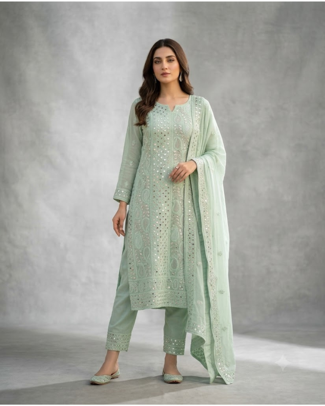 Mint Green Viscose Gotta Patti Embroidered Suit Set with Chiffon Dupatta