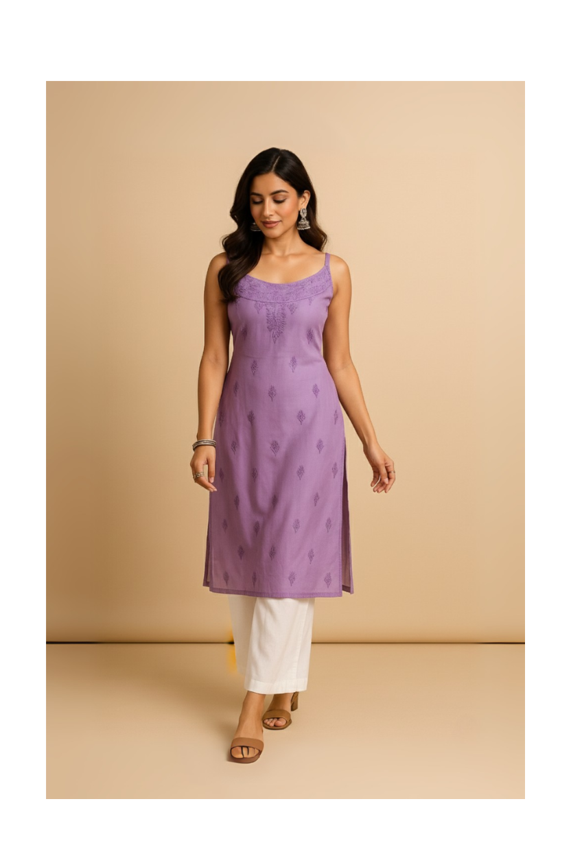 Lavender Muslin Noodle Strap Chikankari Kurti