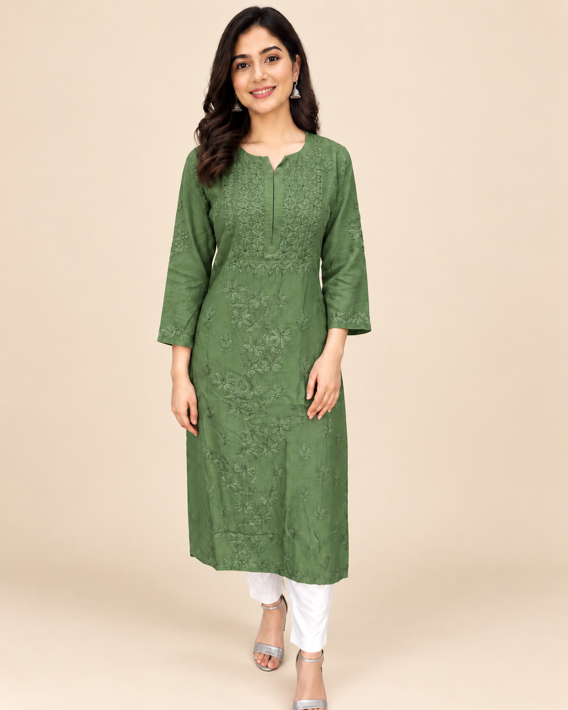 Olive Grace Muslin Chikankari Embroidered Long Kurti