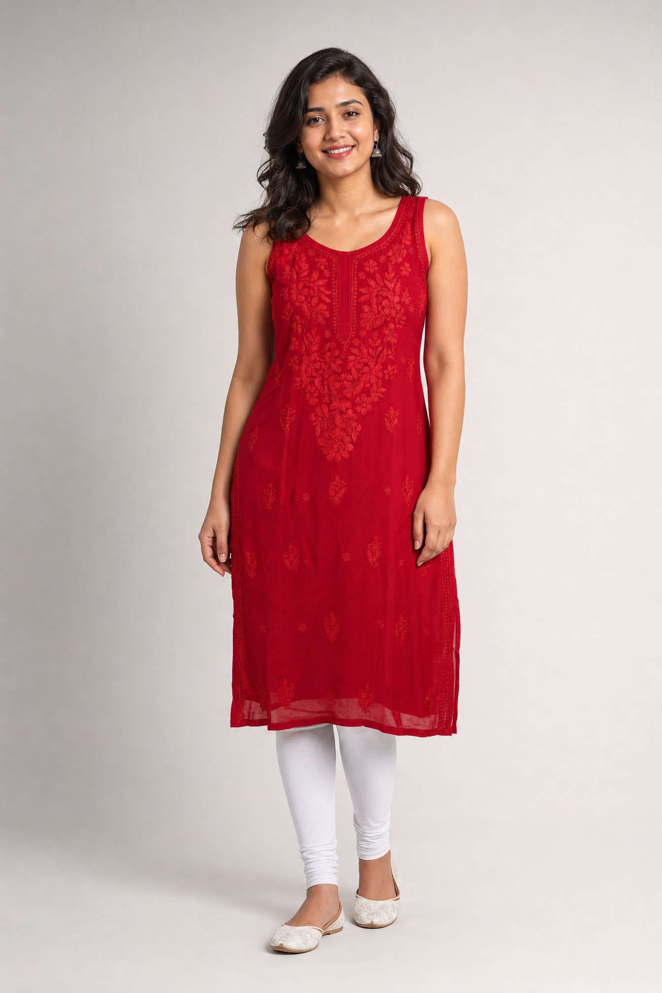 Ruby Red Lucknowi Chikankari Sleeveless Kurti