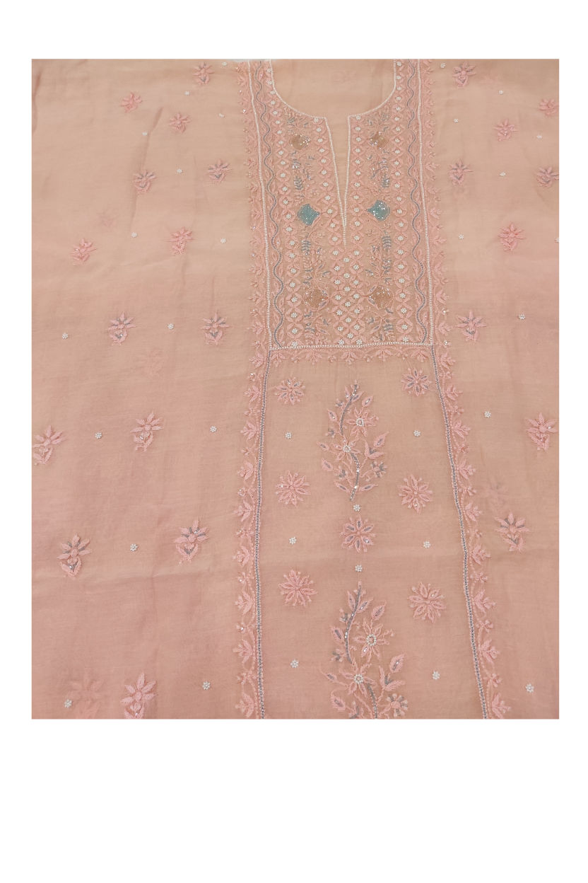Peach Mul Cotton Moti Cut Daana Hand-Embroidered Suit