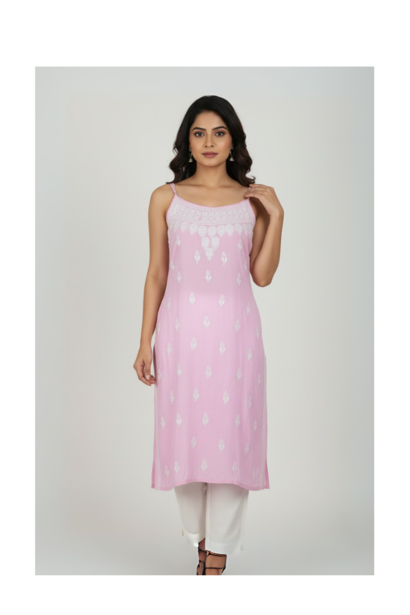 Pastel Pink Rayon Long Chikankari Noodle Strap Kurti