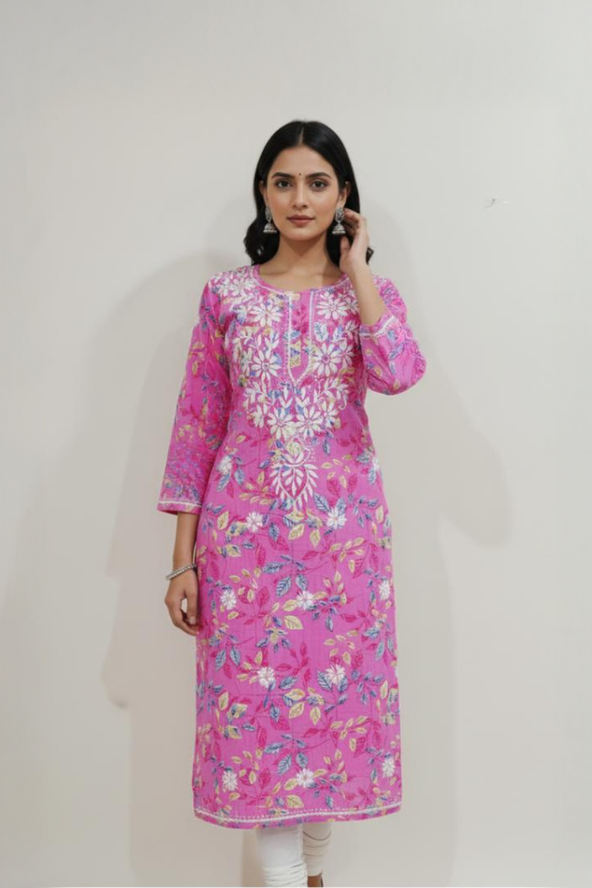Pink Cotton Lucknowi Chikankari Kurti – Hand Embroidered Floral Work