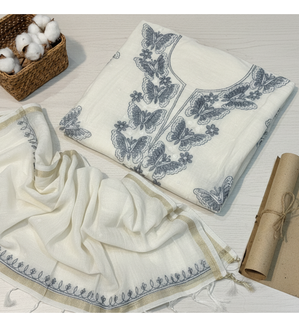 White Mul Cotton Hand-Embroidered Butterfly Suit