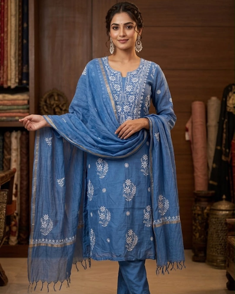 Sapphire Blue Lucknowi Chikankari 3-Piece Suit Set