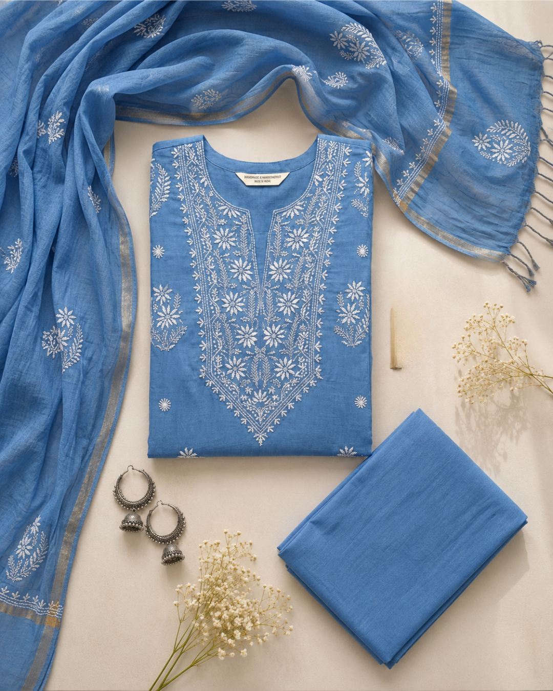 Sapphire Blue Lucknowi Chikankari 3-Piece Suit Set