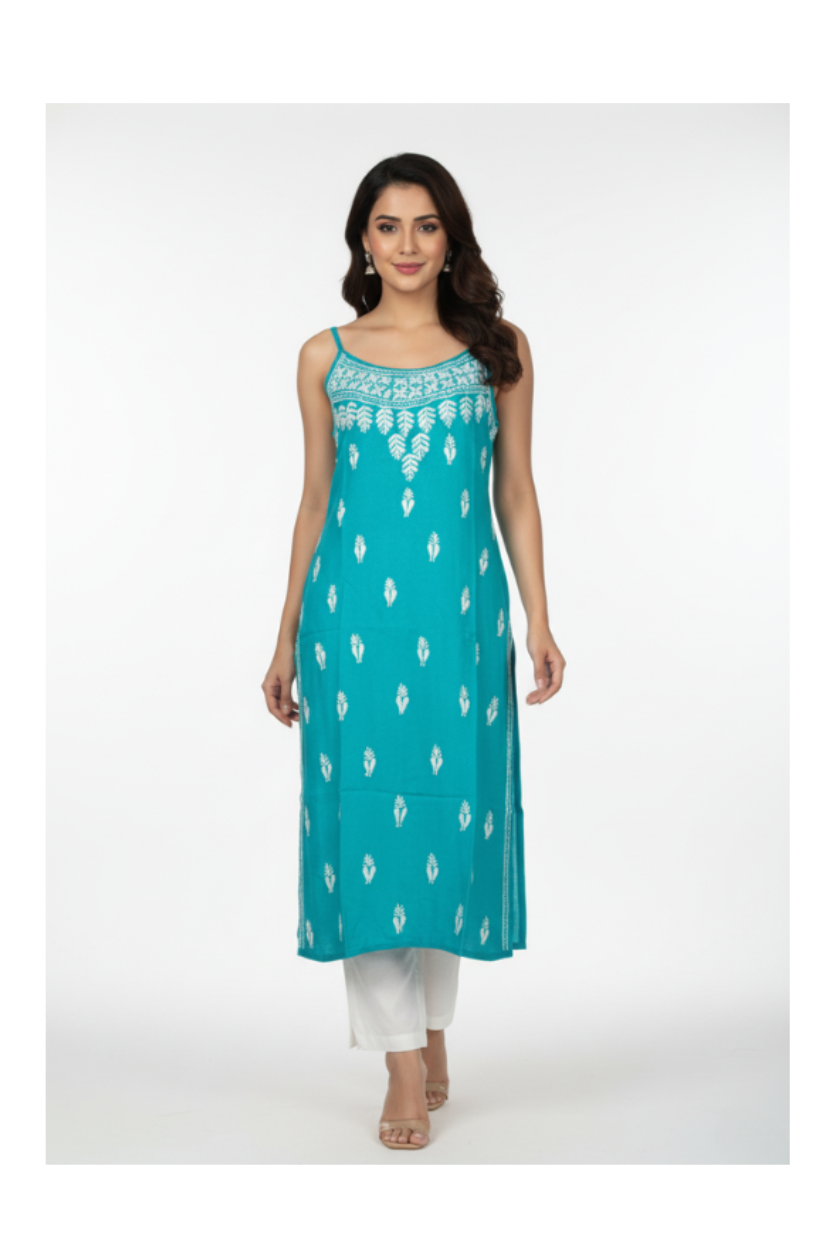 Turquoise Blue Chikankari Noodle Strap Kurti with Hand Embroidery