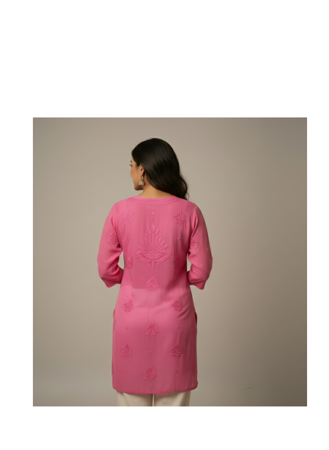Magenta Viscose Chikankari Short Kurta with Tone-on-Tone Embroidery